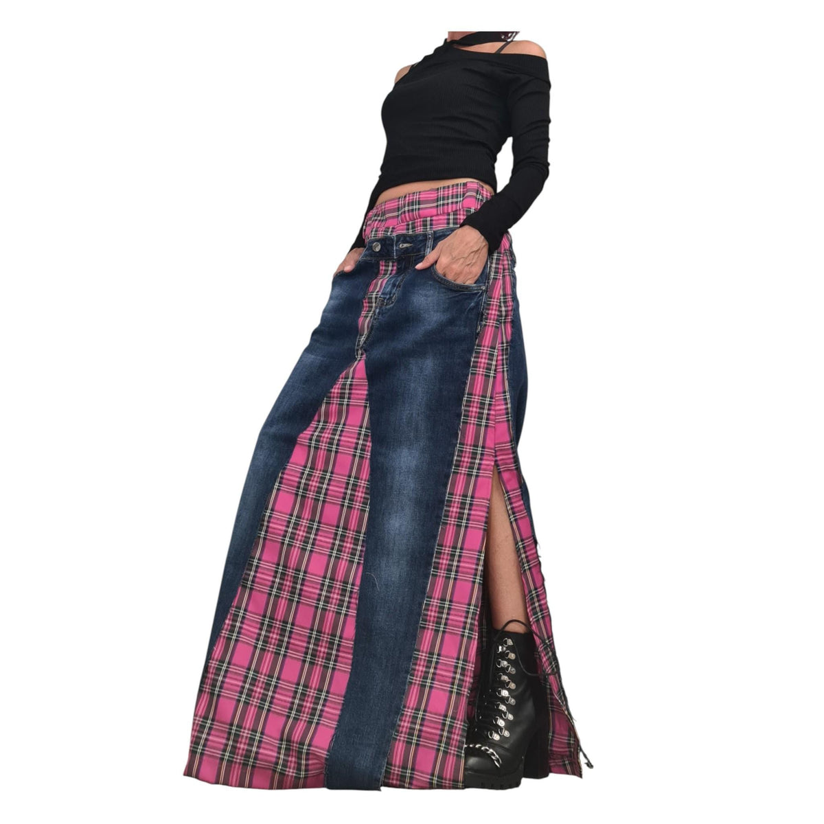 Deconstructed Denim Pink Plaid Maxi Skirt, Avant Garde Cotton Skirt