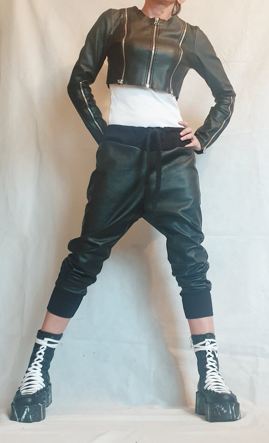 Black Faux Leather Cropped Jacket, Fitted Long Sleeve Bolero, Multiple Zipper Details