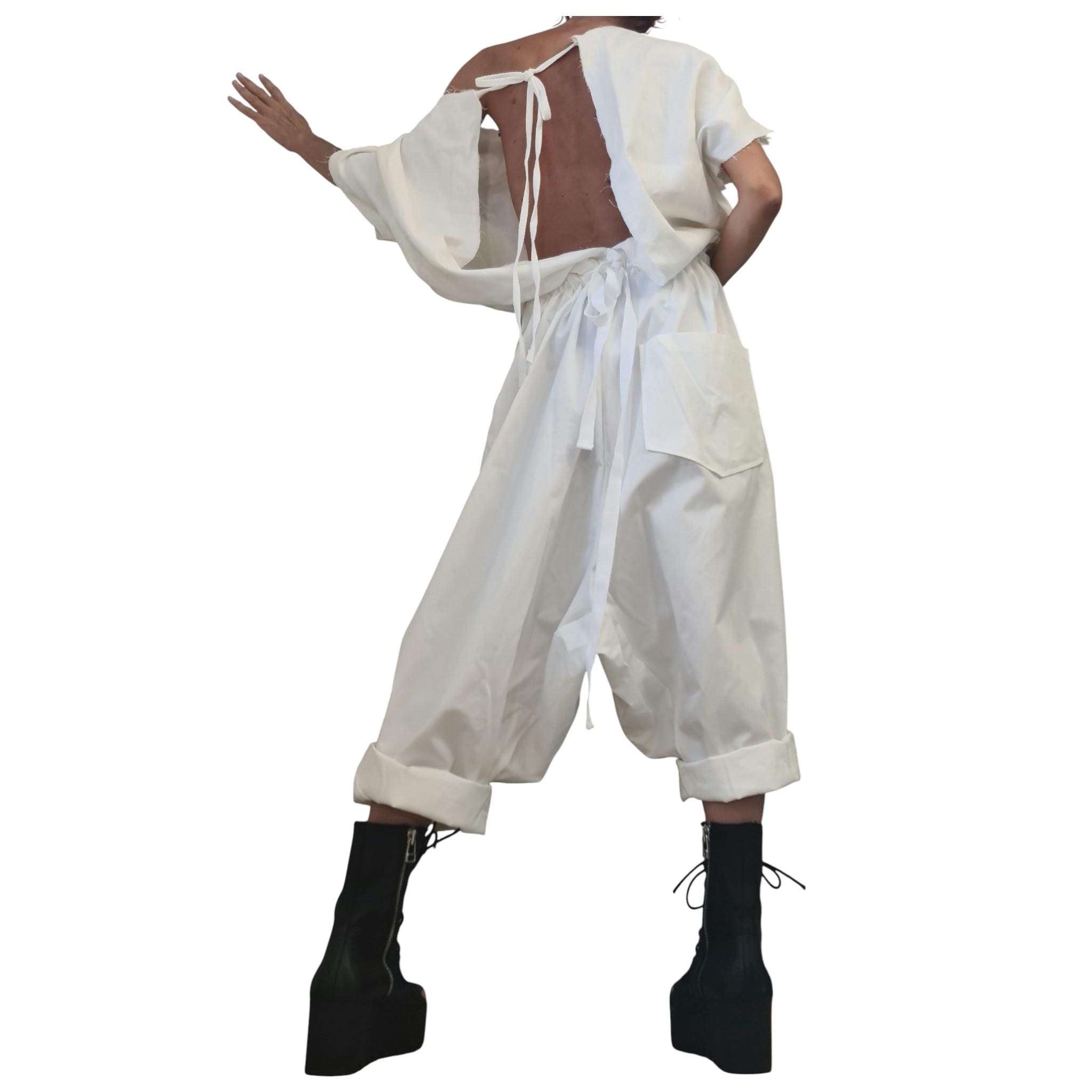 White Linen Harem Jumpsuit, Open Back Drop Crotch Overall, Sleeveless Loose Summer Romper