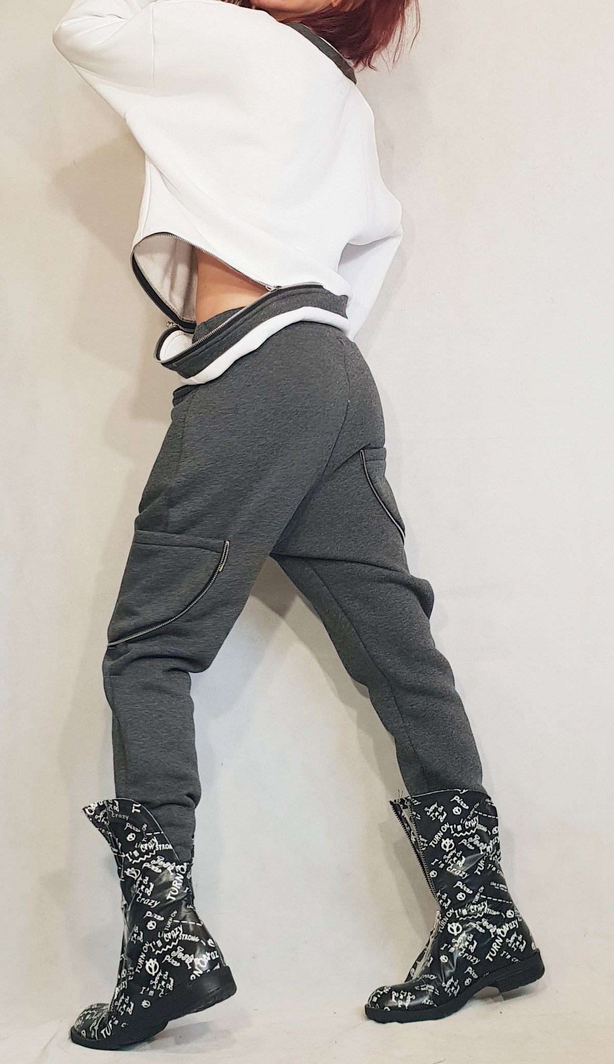 Grey Cotton Drop Crotch Pants, White Asymmetrical Cropped Sweatshirt, Contrast Trim, Two-Piece Co-Ord Set