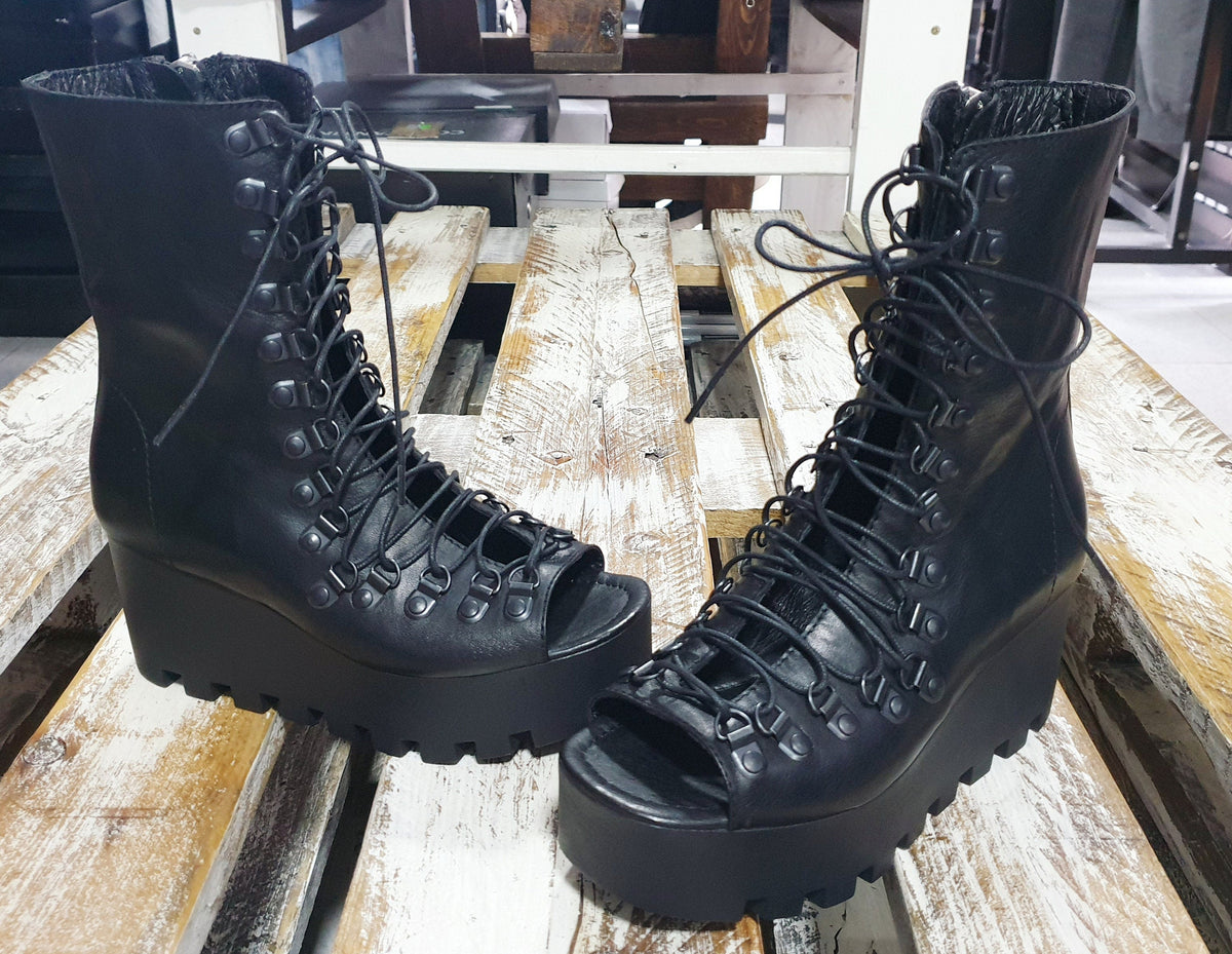 Black Platform Sandals, High Open Toe Shoes, Gothic Summer Combat Boots