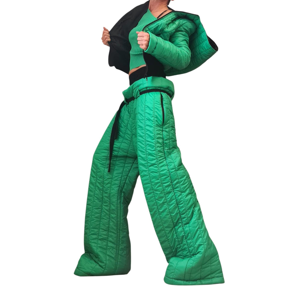 Green Quilted Wide Leg Pants, Cropped Puffer Jacket, Padded Winter Two-Piece Co-Ord Set