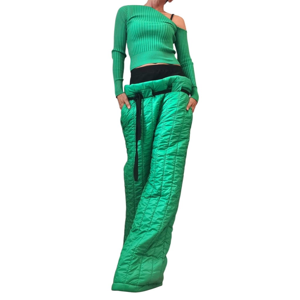 Green Quilted Pants, Wide Leg High Waist Trousers