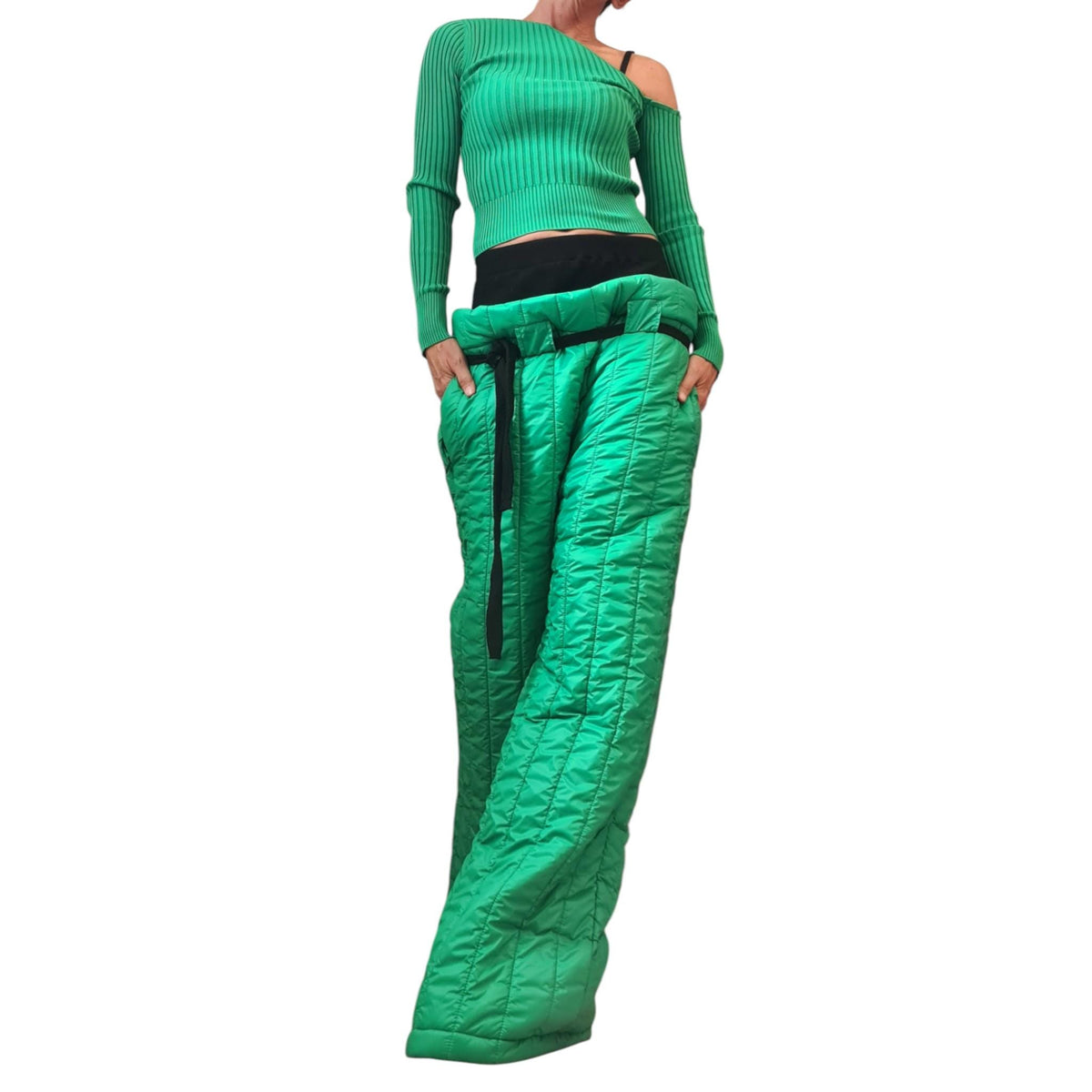 Green Quilted Pants, Wide Leg High Waist Trousers