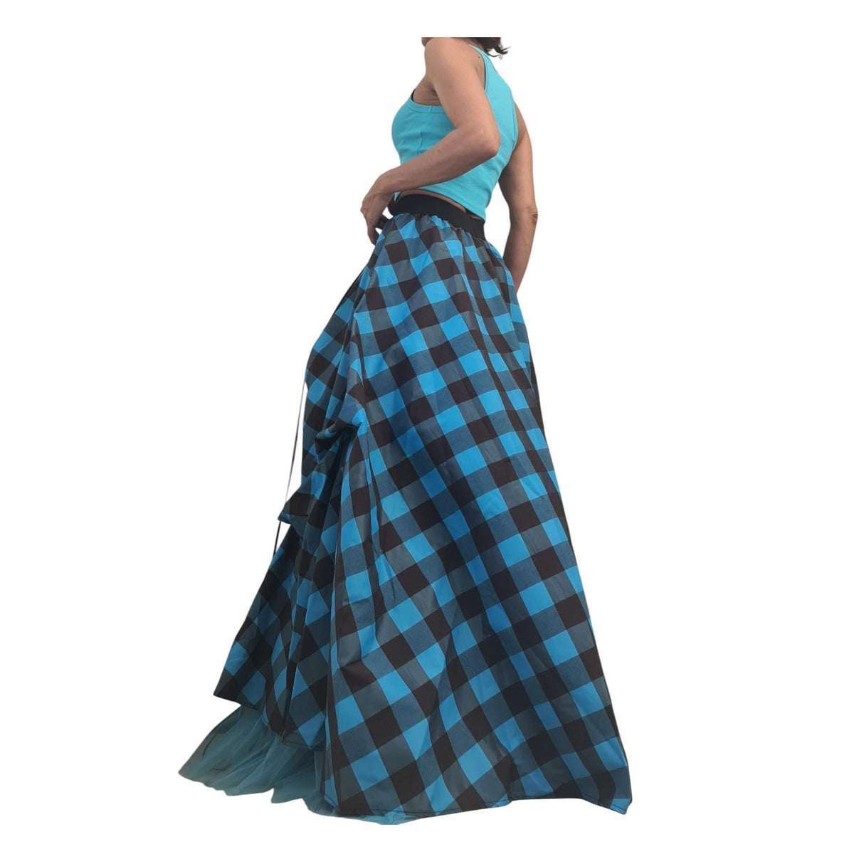 Tulle Asymmetric Skirt, Turquoise Blue Brown Plaid Ball, Long Short Skirt