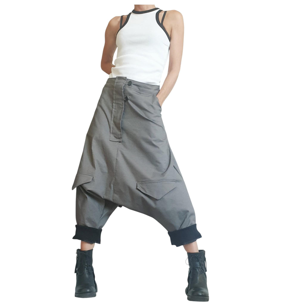 Grey Harem Pants, Drop Crotch, Cargo Flap Pockets, Tapered Ankle