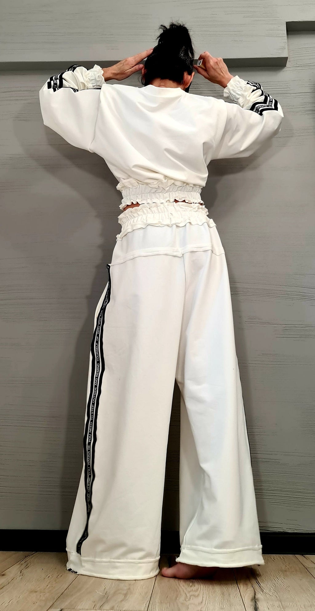 Beige Cotton Wide Leg Pants Set, Ruched Cropped Blouse, Contrast Stripes