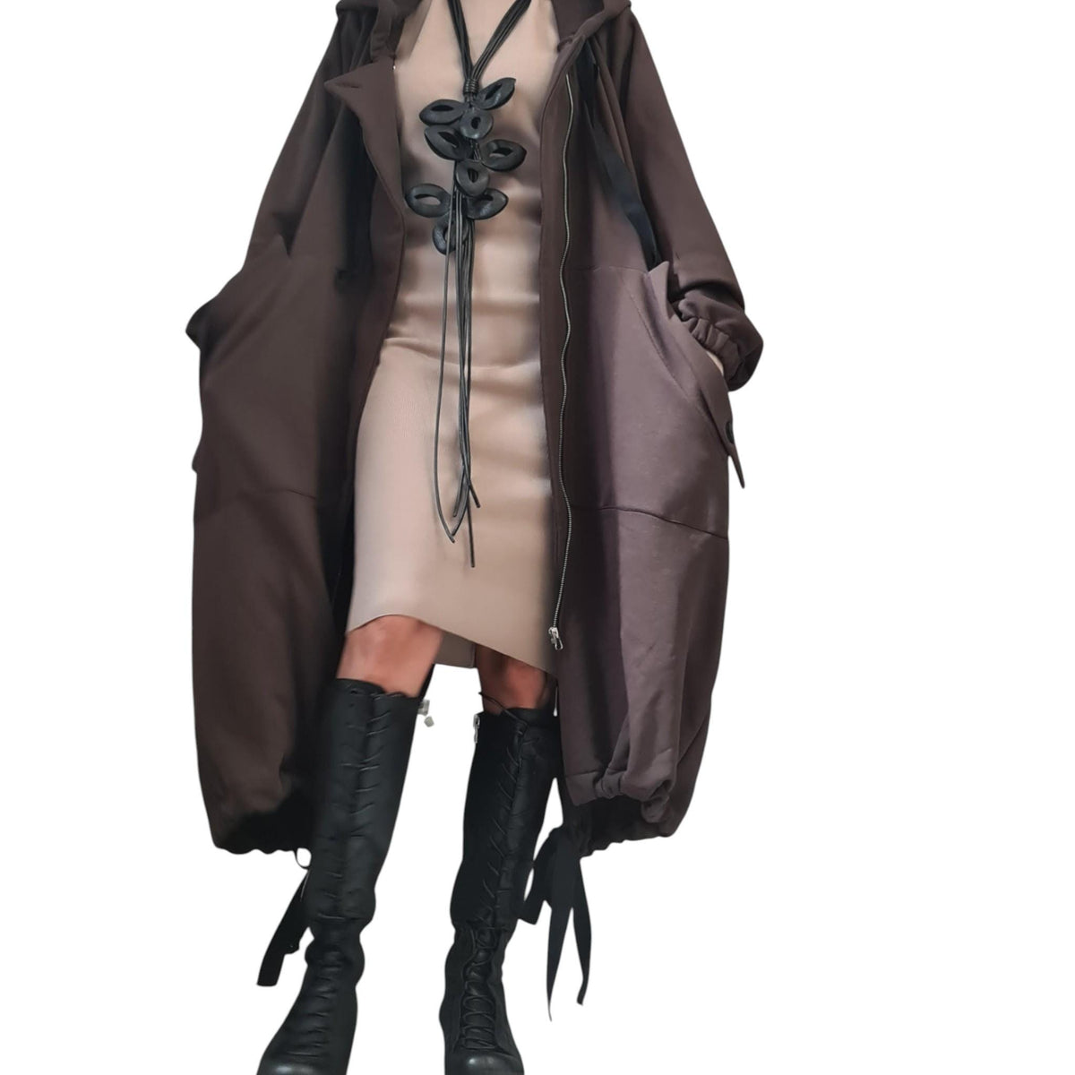 Brown Oversized Hooded Sweatshirt, French Terry Jacket with Overlapping Open Back