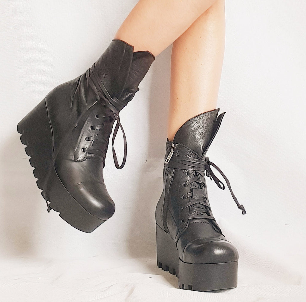 Black Platform Boots, Gothic Combat Booties, Steampunk Winter Ankle Shoes