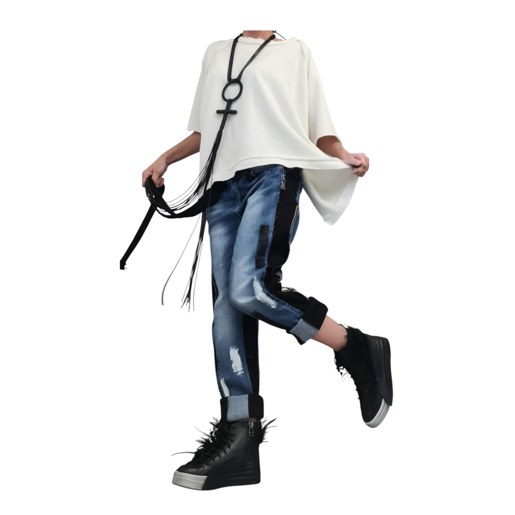 Denim Harem Pants: Casual Baggy Fit (Unisex, Painted Detail)
