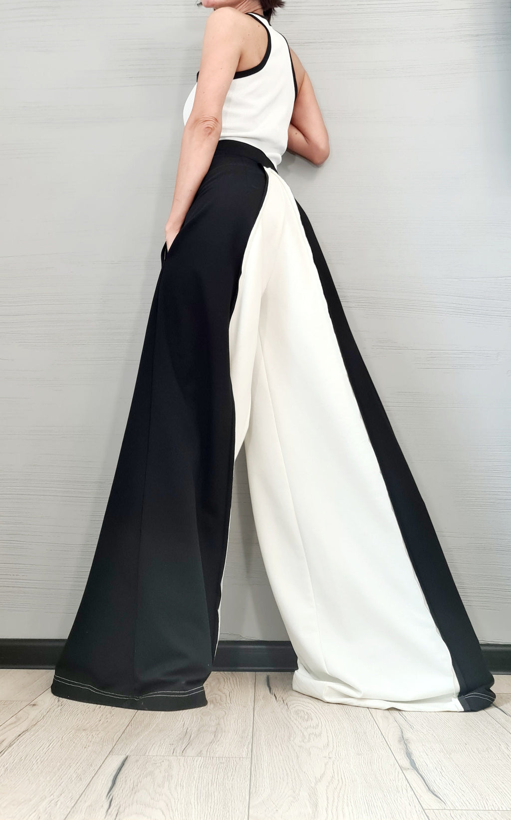 Black White French Terry Pants, Drop Crotch Trousers, Wide Leg Design