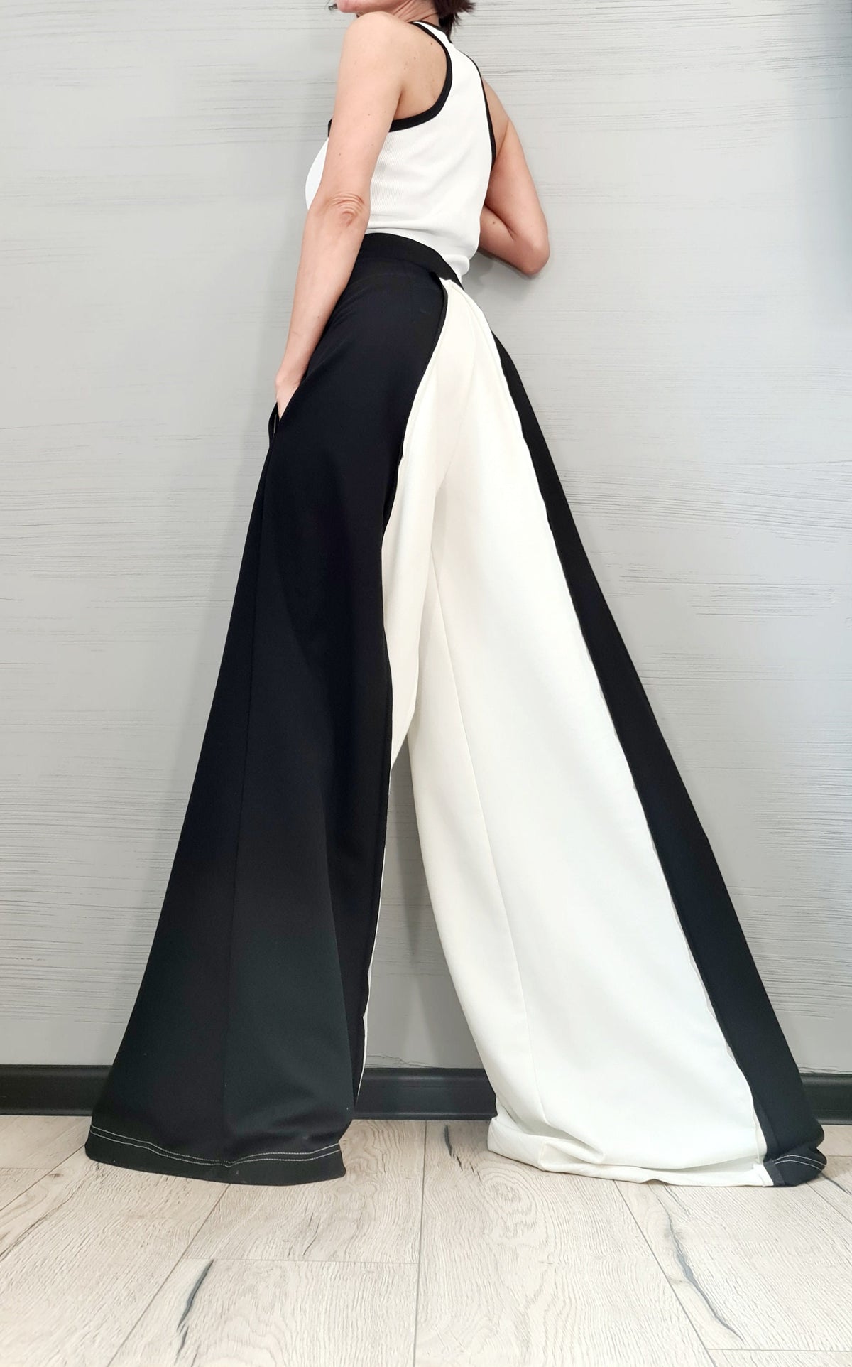 Black White French Terry Pants, Drop Crotch Trousers, Wide Leg Design