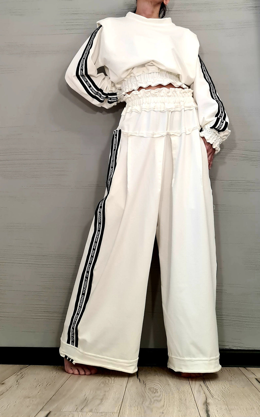 Ivory Cotton Wide-Leg Pants, Oversized Cropped Ruched Blouse, Contrast Side Stripes, Two-Piece Co-Ord Set