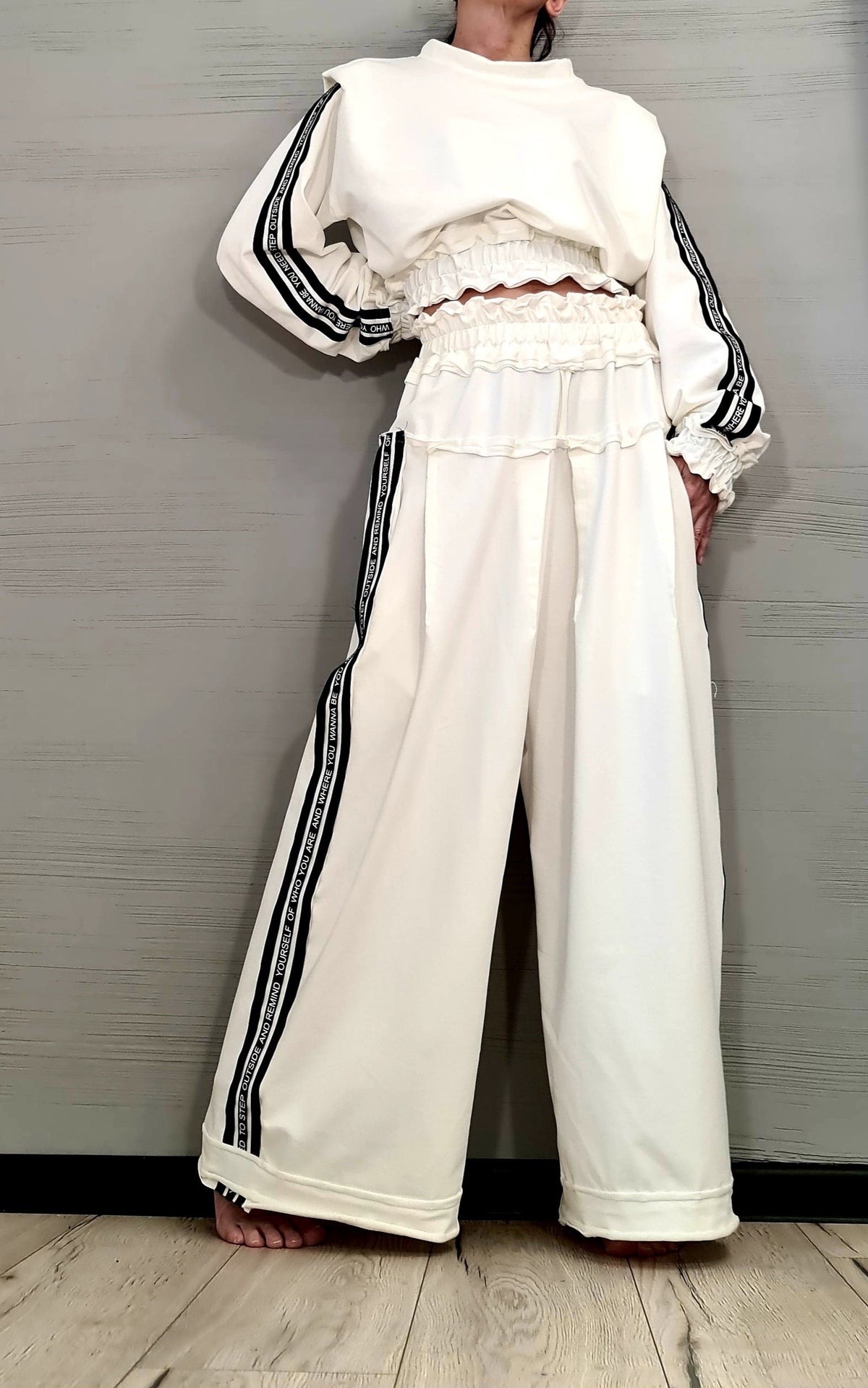 Ivory Cotton Wide-Leg Pants, Oversized Cropped Ruched Blouse, Contrast Side Stripes, Two-Piece Co-Ord Set