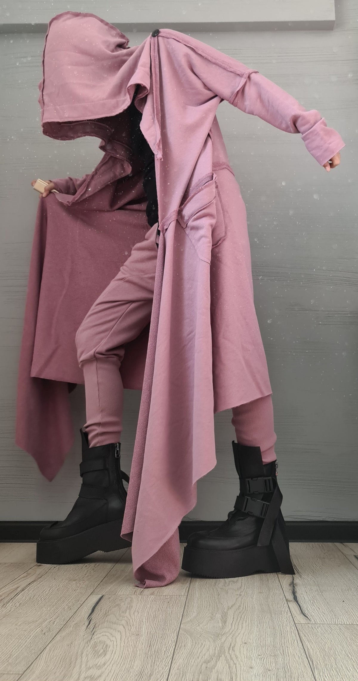 Dusty Rose Hooded Cotton Vest, Plus Size Asymmetric Gilet, Long Sleeveless Jacket