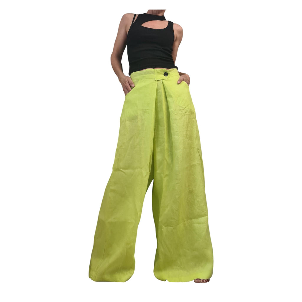 Lime Linen Drop Crotch Pants Womens Avant Garde Harem Trousers Designer Clothing