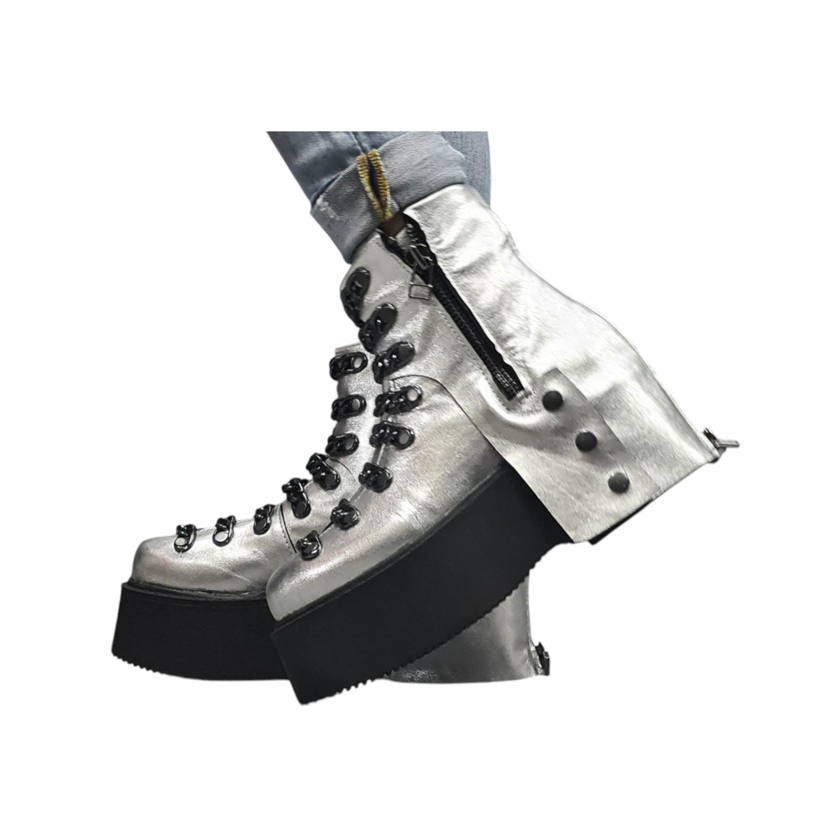 Silver Leather Platform Ankle Boots, Gothic Women Shoes with Chains, Handmade Statement Footwear