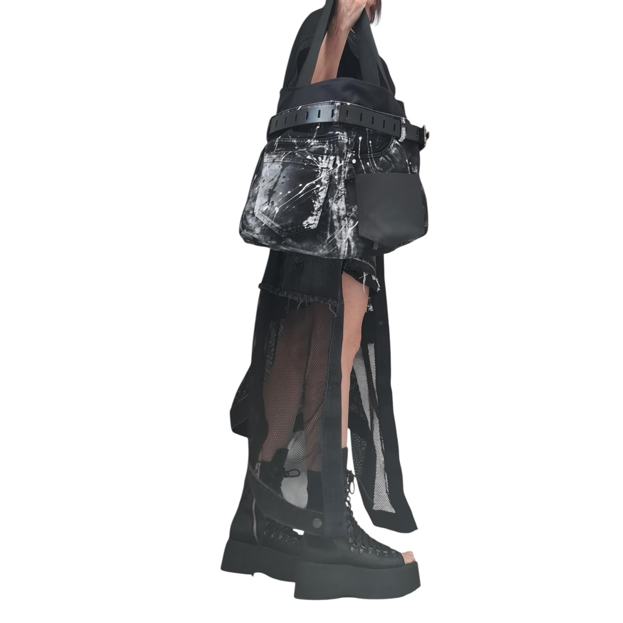 Handmade Oversized Denim Tote Bag, Avant-Garde Spray-Painted Jean Purse, Extravagant Designer Shoulder Bag