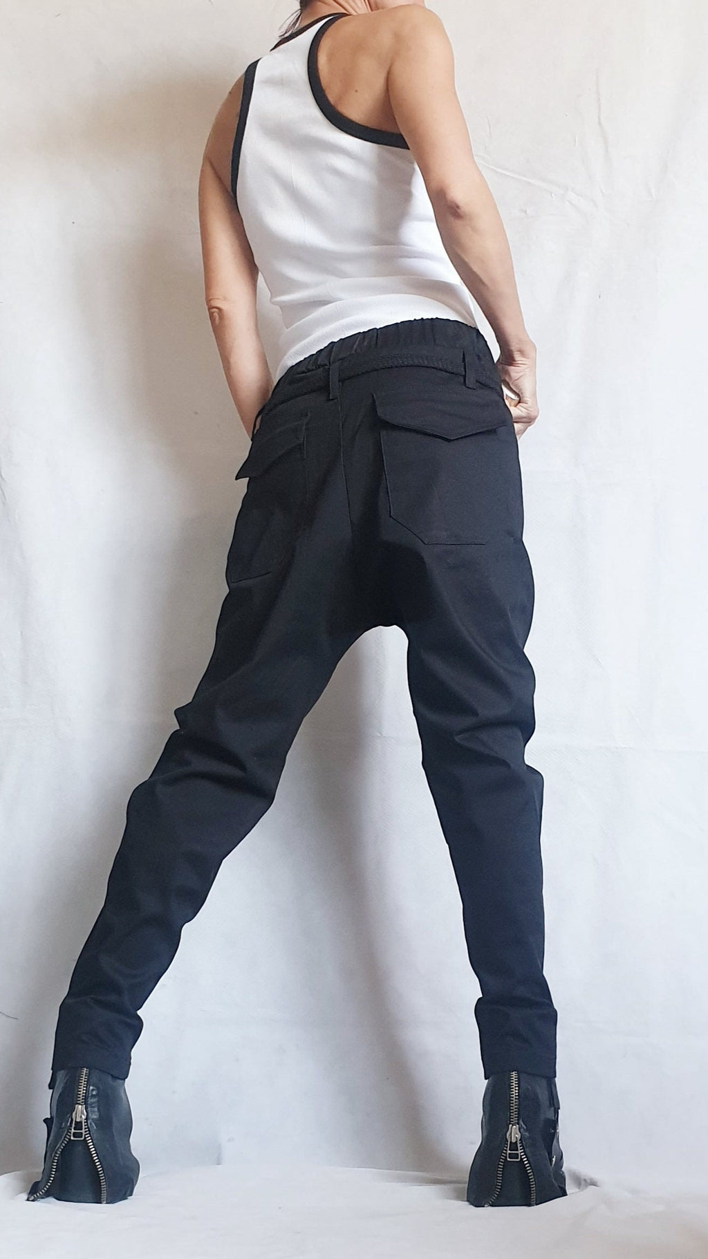 Black Drop Crotch Trousers, Zip Detail Pants for Tapered Leg