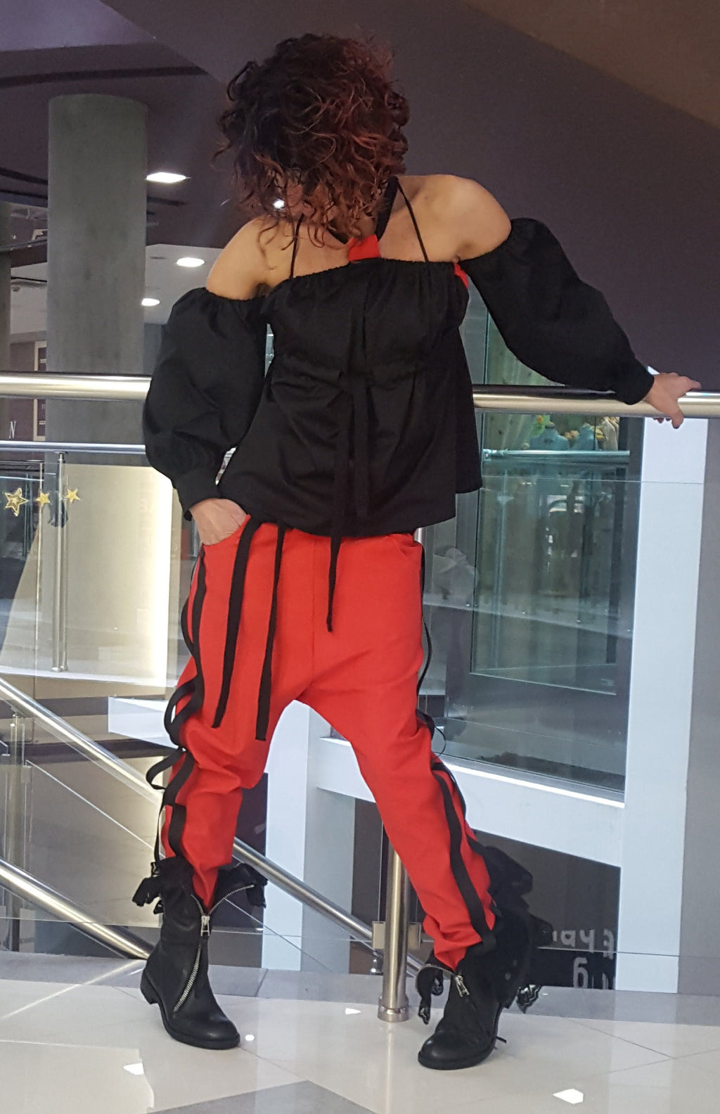 Red Cotton Co-Ord Set, Drop Crotch Pants, Black Cold Shoulder Batwing Blouse