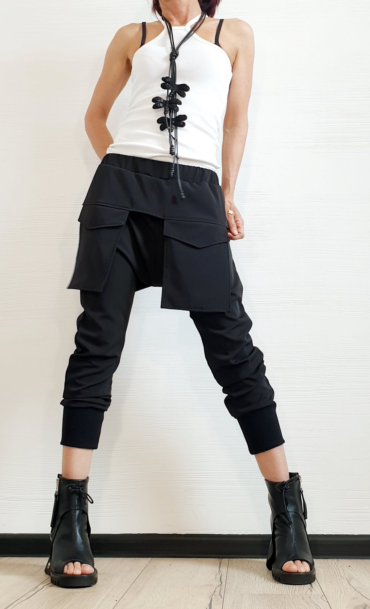 Black Harem Cargo Pants, Attached Skirt Panel, Tapered Leg
