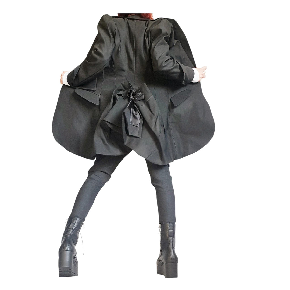 Ivory Asymmetrical Peplum Blazer with Gathered Back, Fitted Waist and Long Tailcoat Hem