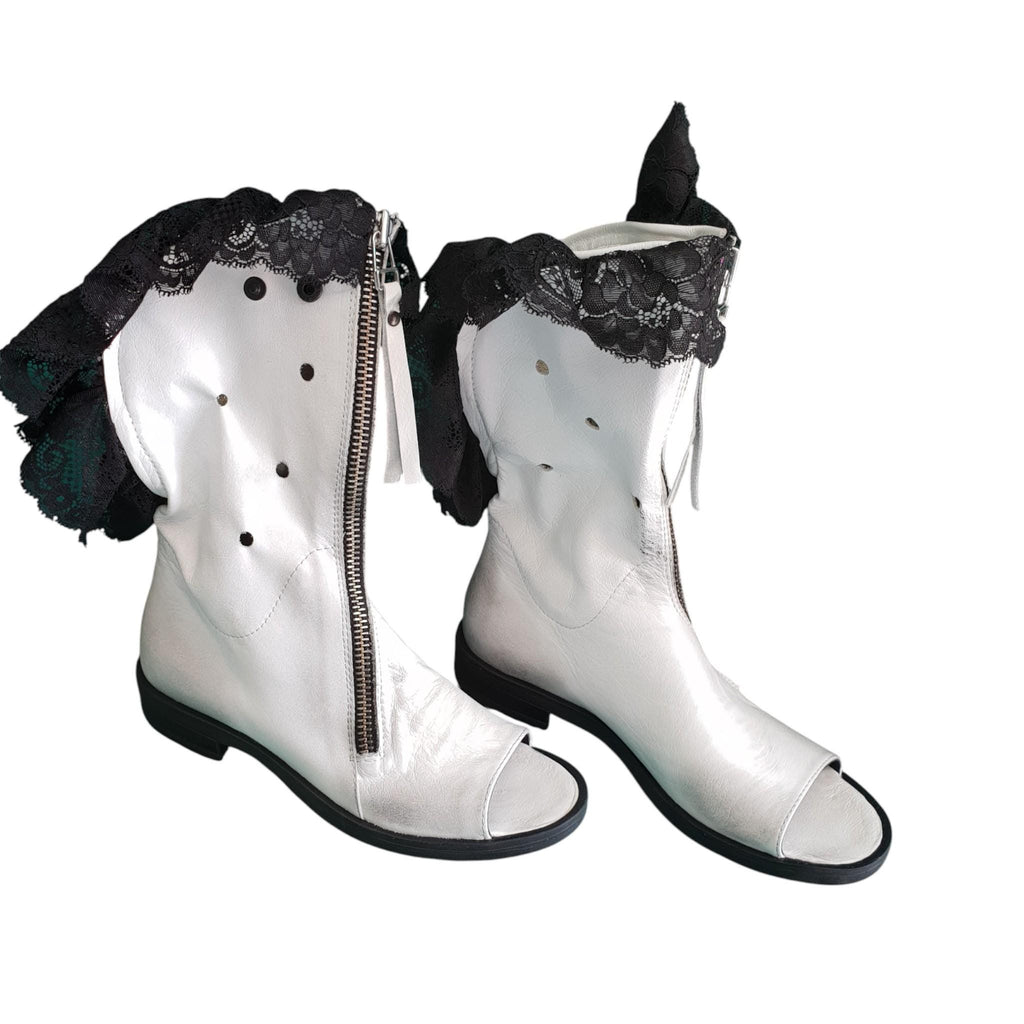 White Open Toes Summer Boots, Lace Ankle Leather Shoes, Extravagant Wedding Booties