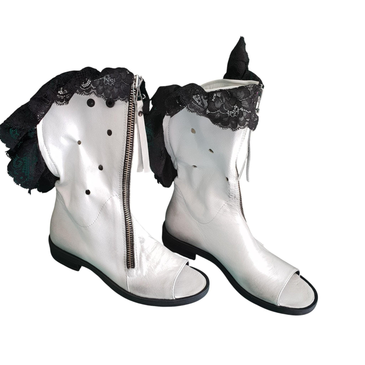 White Open Toes Summer Boots, Lace Ankle Leather Shoes, Extravagant Wedding Booties