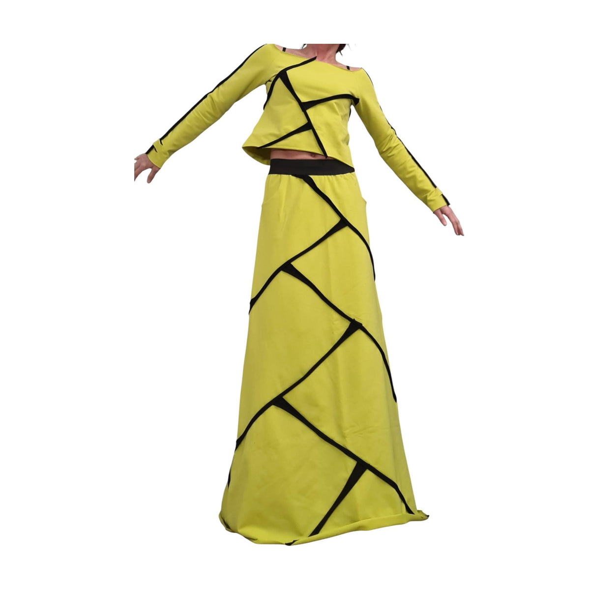 Pistachio Cotton High Waist Maxi Skirt, Asymmetrical Cropped Long-Sleeve Blouse, Contrast Trim, Co-Ord Set