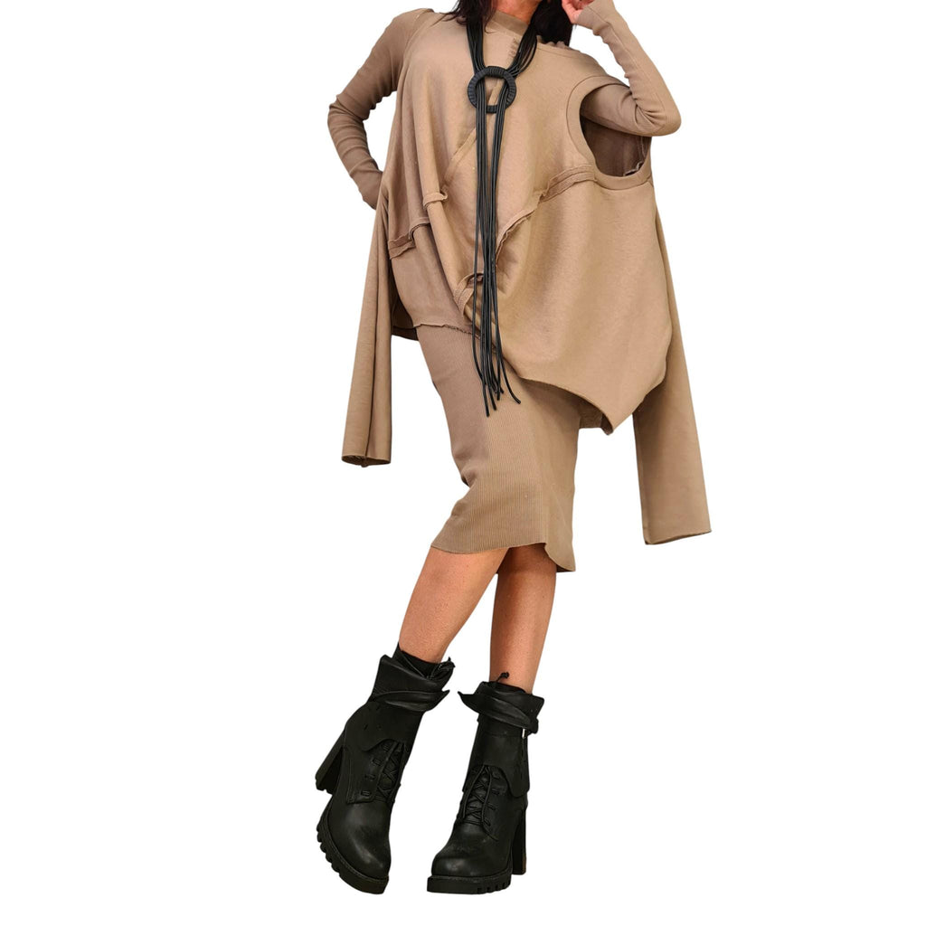 Beige Cotton Ribbed Dress, Oversized French Terry Tunic, Two Piece Co-Ord Set