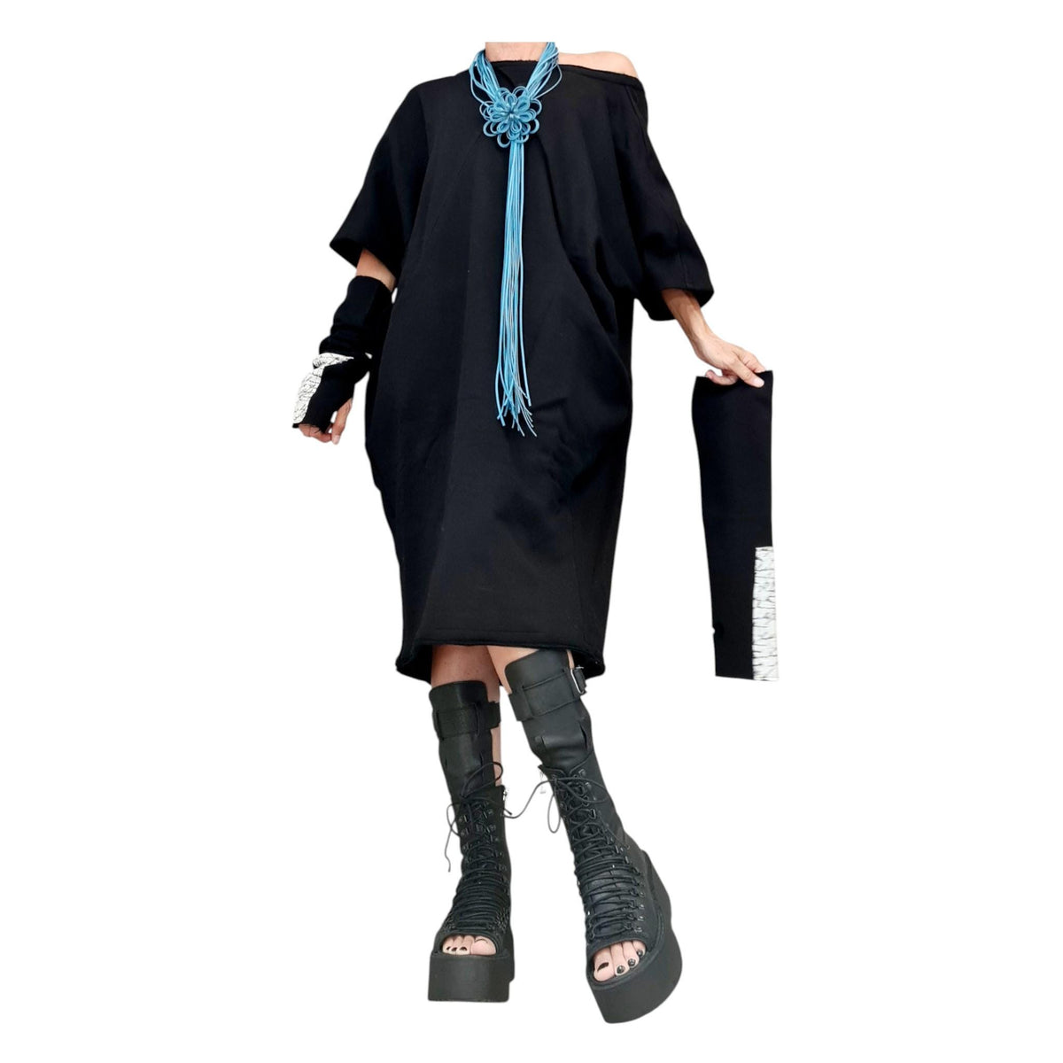 Black Oversized Dress, Sleeveless Tunic, Knee Length, Separate Sleeves