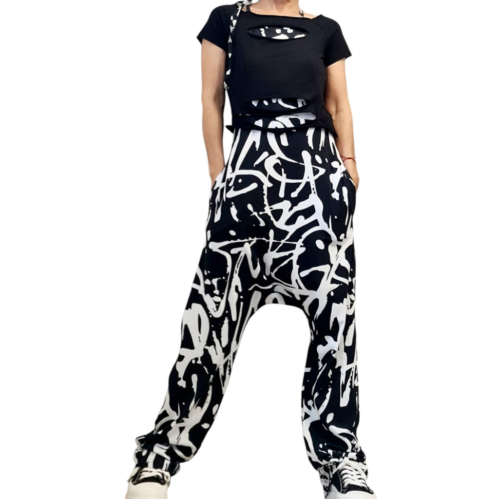 Black White Graffiti Harem Jumpsuit, Loose Drop Crotch Cotton Comfort