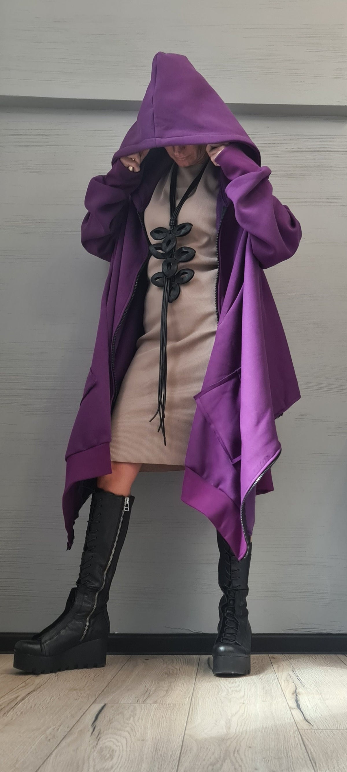 Purple Asymmetric Hooded Sweatshirt, Oversized Cotton Jacket, Longline Zip Up Hoodie