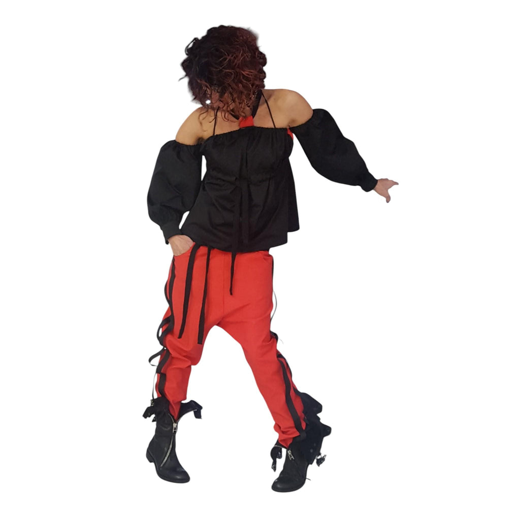 Red Cotton Co-Ord Set, Drop Crotch Pants, Black Cold Shoulder Batwing Blouse