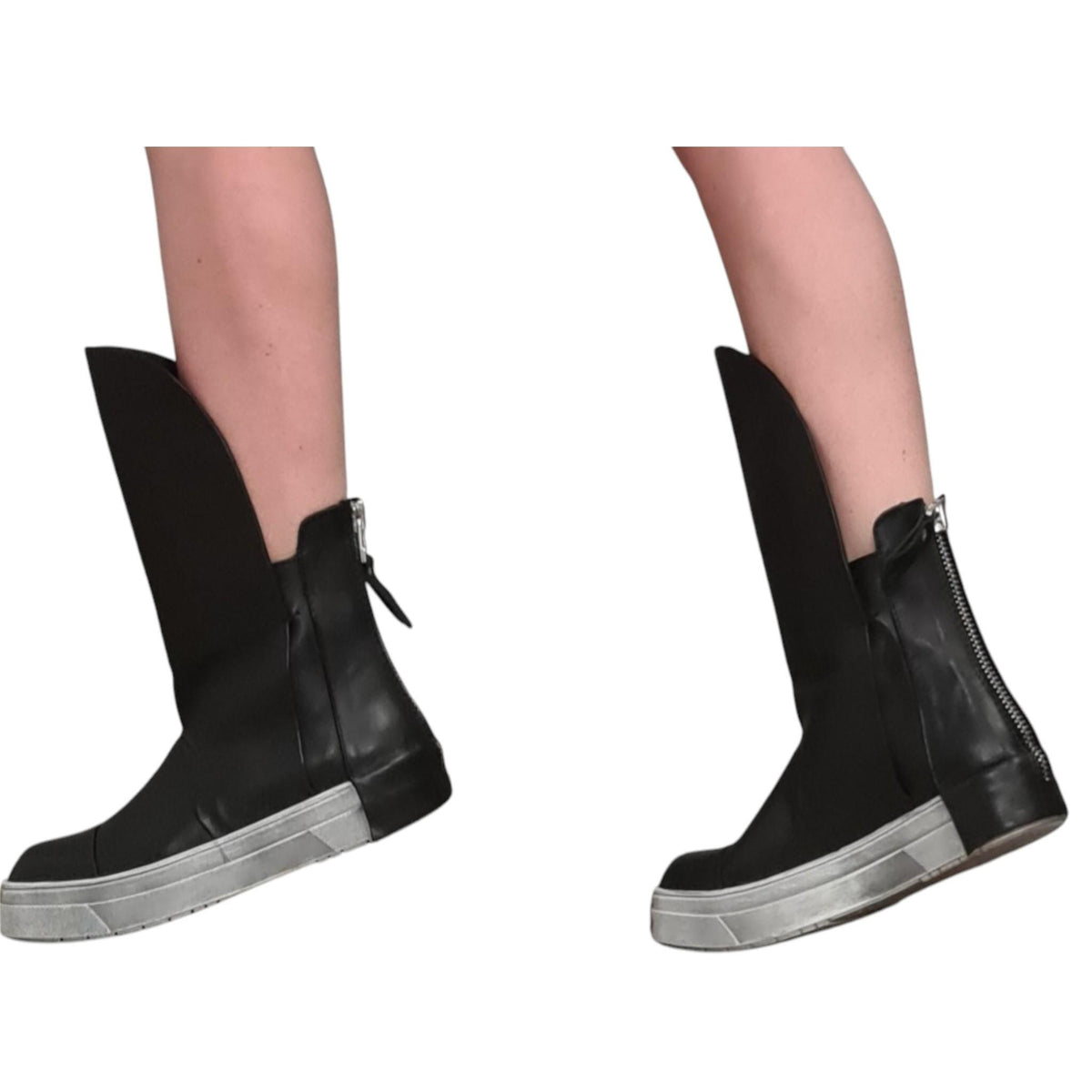 Black Leather Platform Sneakers for Women, Avant Garde High Tongue Boots with Back Zipper