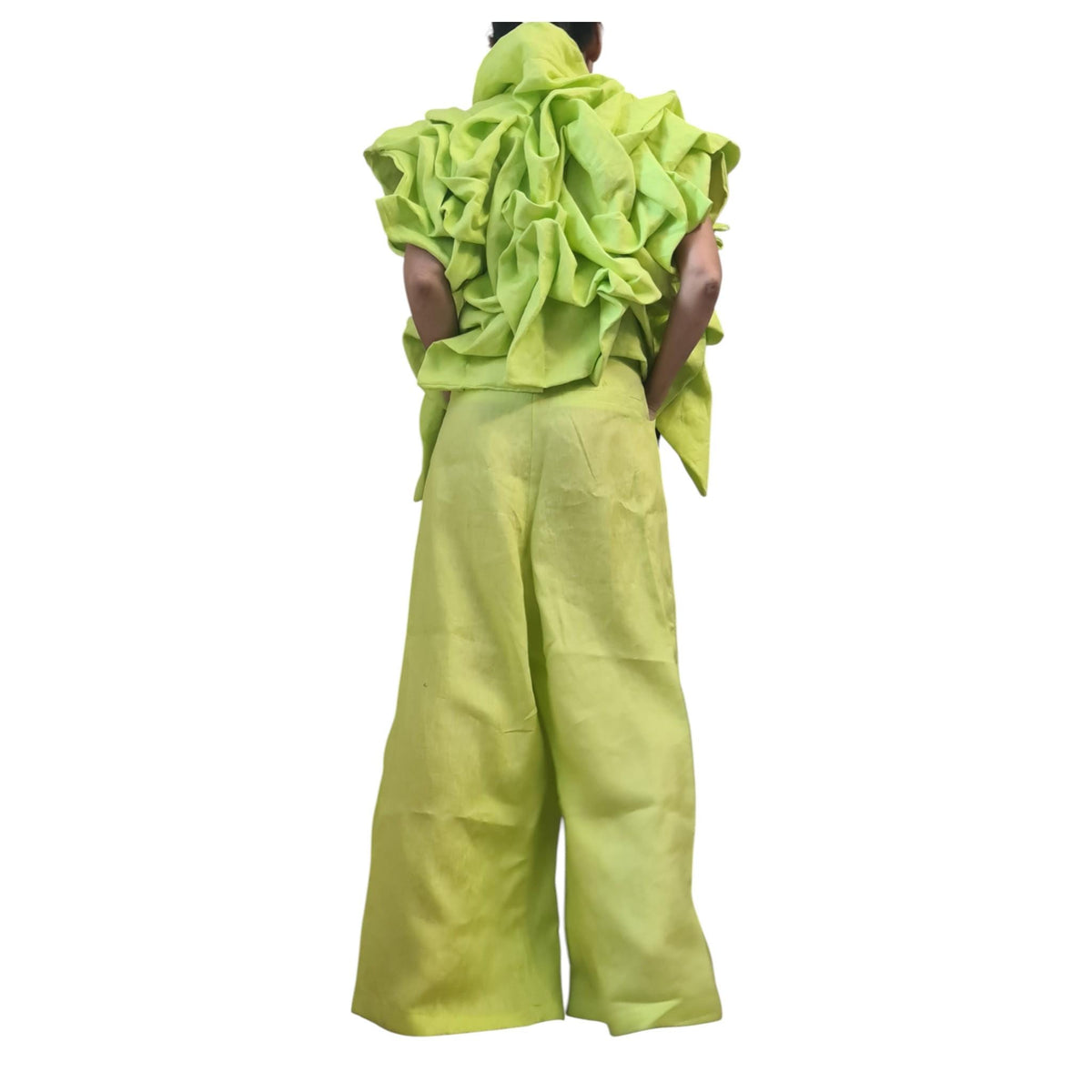Lime Green Linen Asymmetric Short Jacket Sleeveless Gathered Womens Avant Garde Clothing
