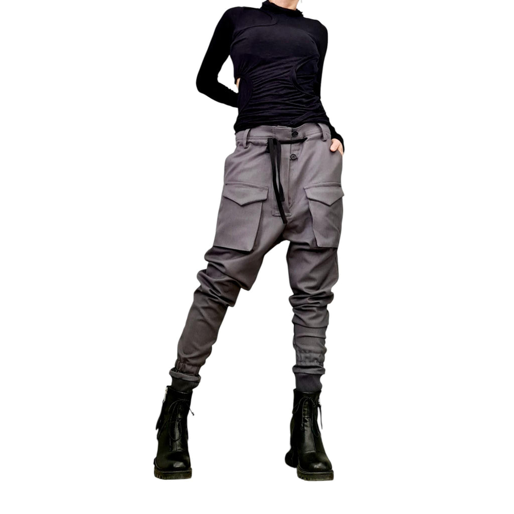 Gray Cargo Pants, Drop Crotch Trousers, Tapered Leg