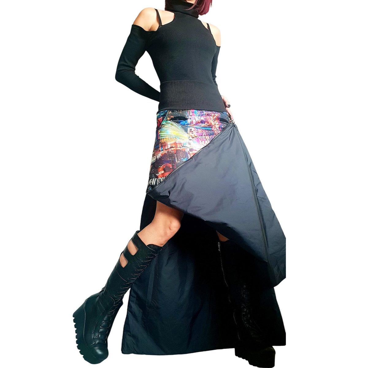 Asymmetric Winter Skirt, New York City Print, Gothic Style A-Line Skirt