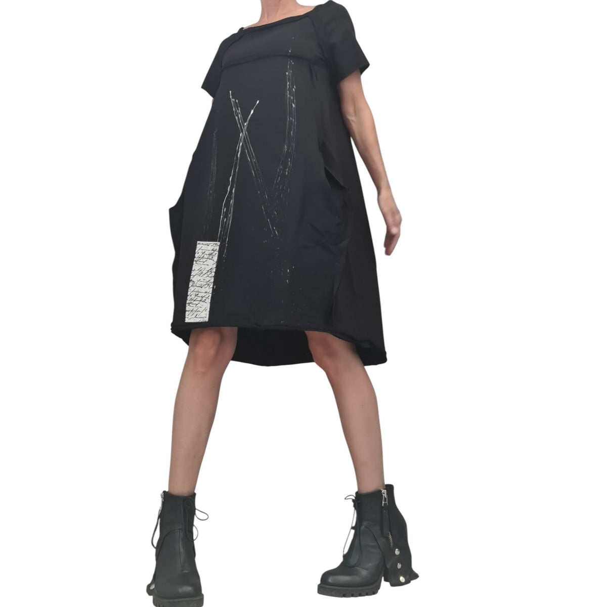 Black French Terry Short Sleeve Dress, One Shoulder Asymmetric Gothic Tunic, Oversized Fit