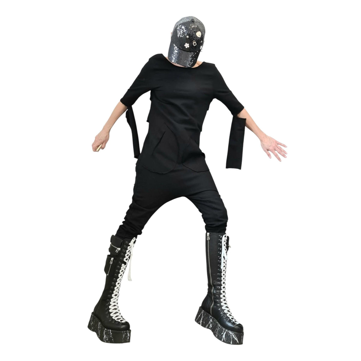 Black Cotton Drop Crotch Jumpsuit, Extravagant Open Back, Slim Fit Gothic Style