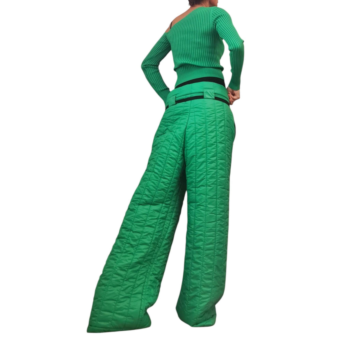 Green Quilted Pants, Wide Leg High Waist Trousers