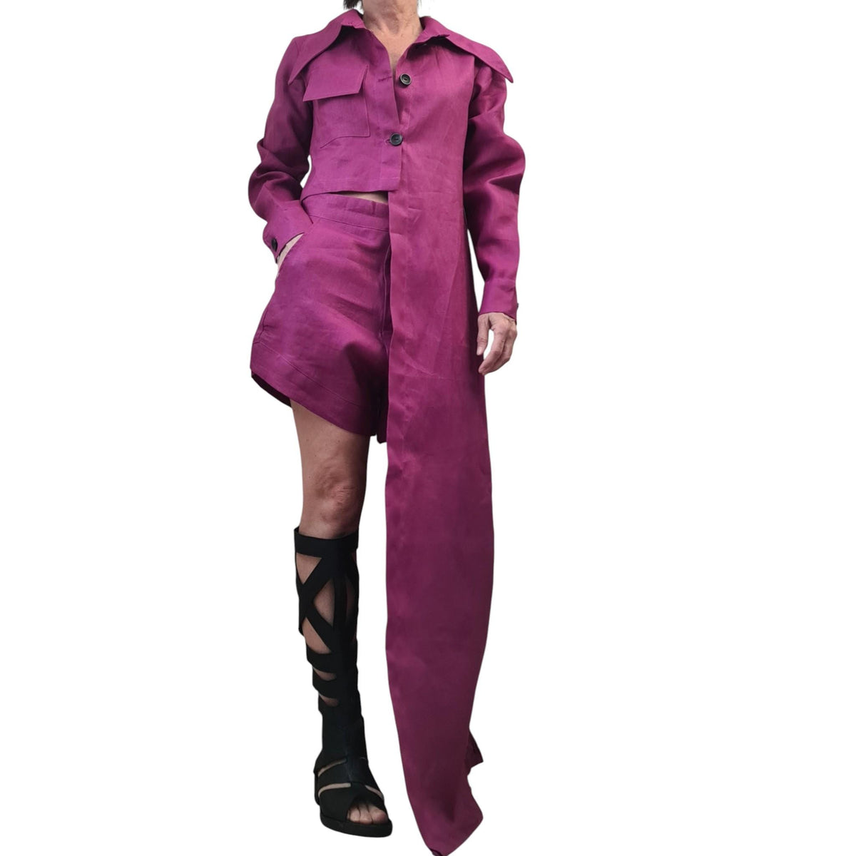 Magenta Linen Set, Asymmetrical Shirt, Harem Shorts, Two Piece Boho Summer Clothing