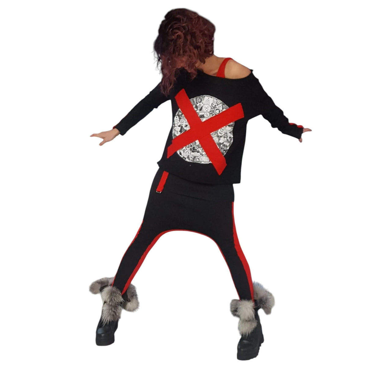 Black Red Cotton Co-Ord Set, Loose Blouse, Drop Crotch Harem Pants, Tapered Leg