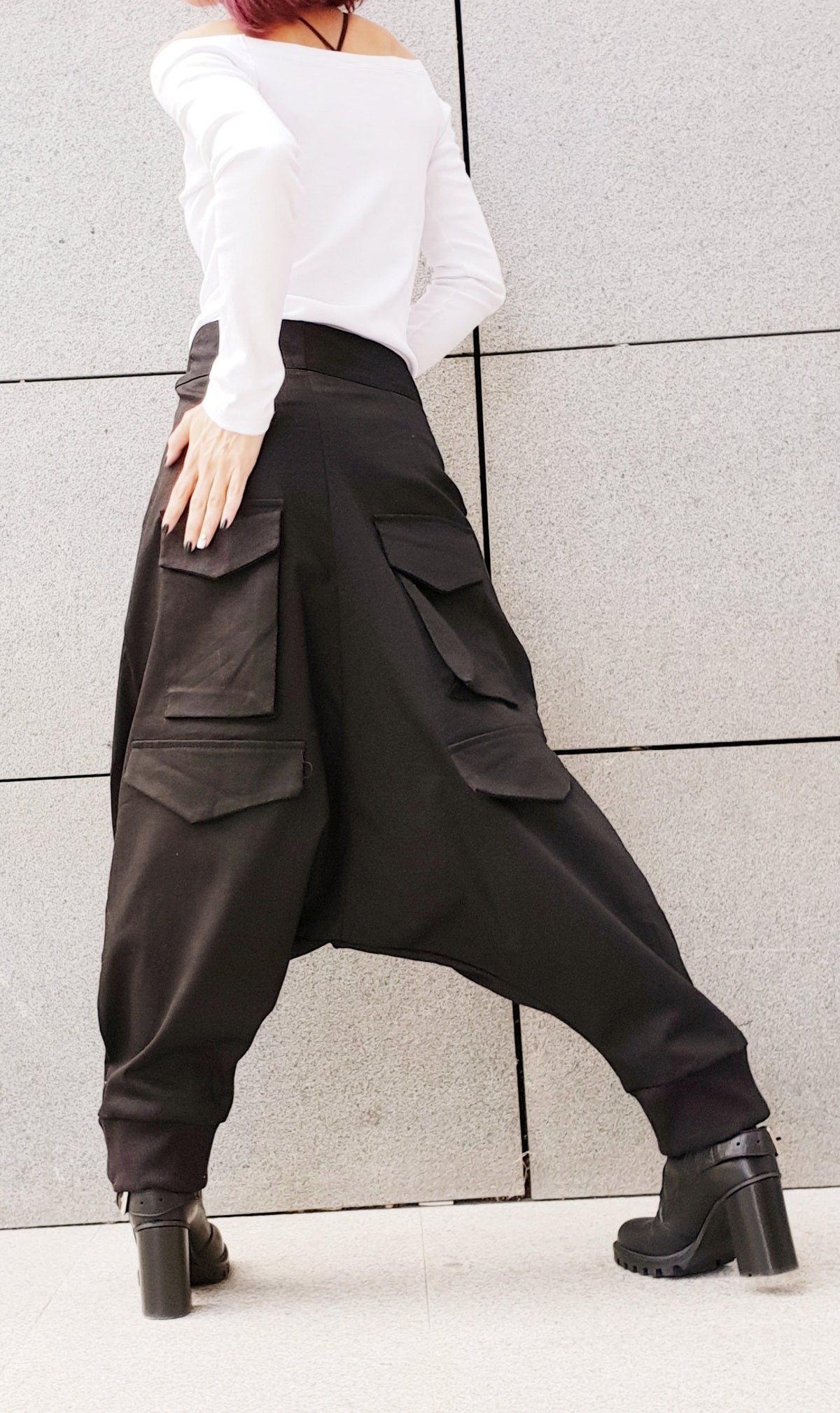 Black Cargo Harem Pants, Drop Crotch Trousers