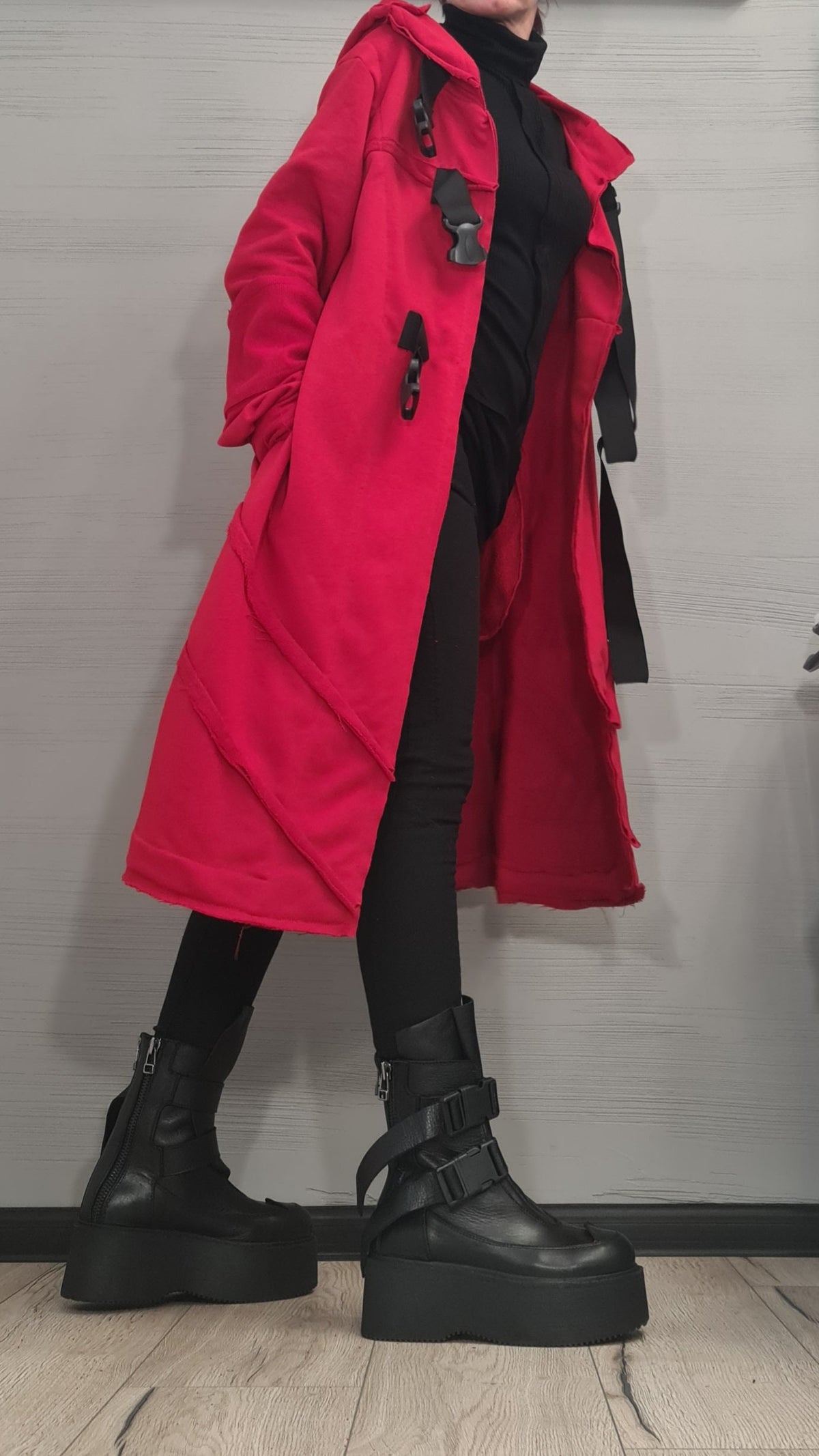 Red Hooded Cotton Coat, Long Plus Size Jacket, Black Buckle Strap Details