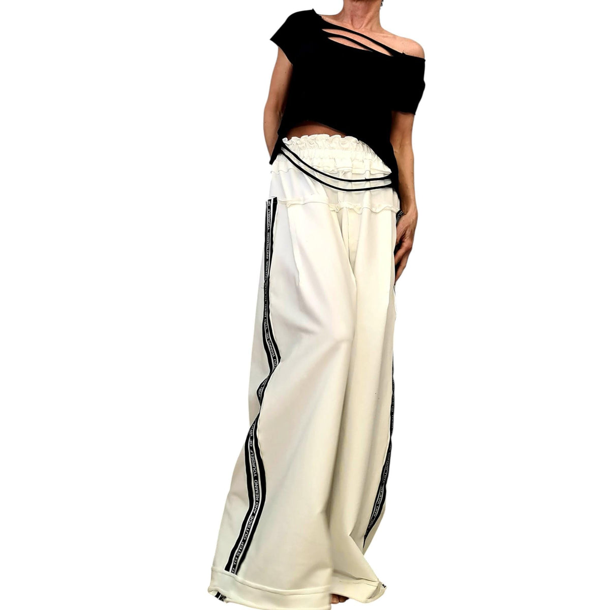 Ivory French Terry Wide Leg Pants, Relaxed Cotton Trousers, Elastic Waist
