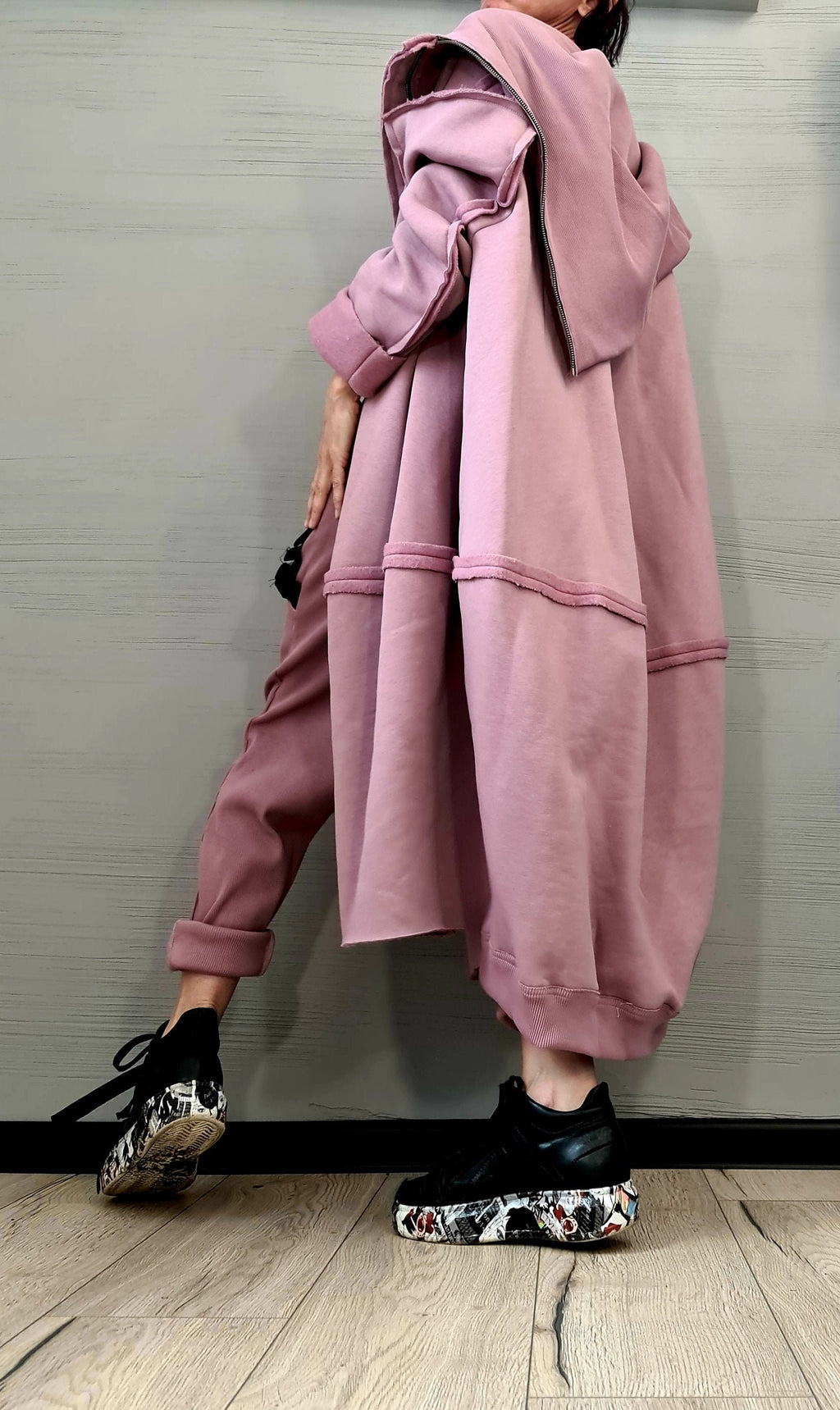 Pink Oversized Zip Up Hoodie, Long Sweatshirt with Extra Large High Collar, Plus Size