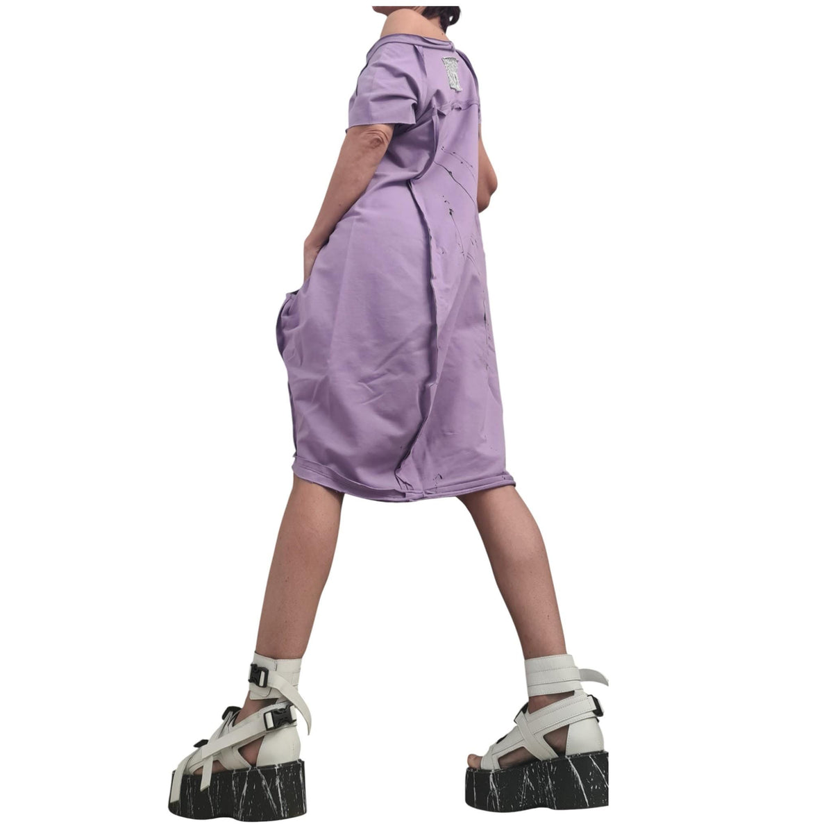 Lavender French Terry Off Shoulder Asymmetric Dress, Plus Size Clothing