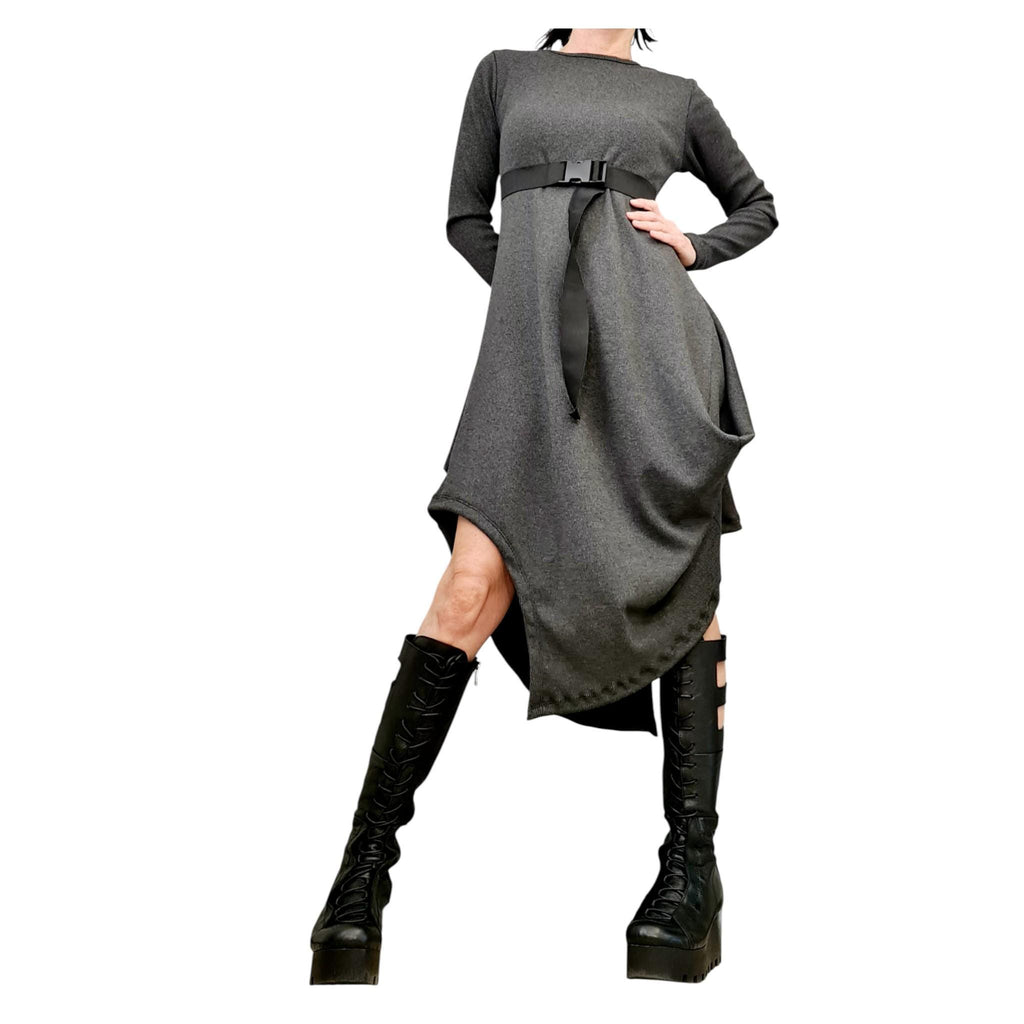 Grey Cotton Rib Dress, Long Sleeve Midi Dress, Avant Garde Loose Fit Kaftan