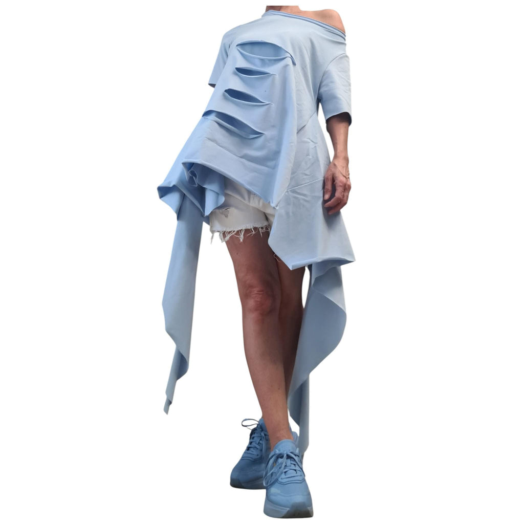 Avant Garde Light Blue Deconstructed Tunic, Asymmetric Loose Blouse, Short Sleeve
